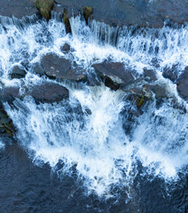 Guarguero waterfalls in winter around the port of Estacas de Trueba. Aerial view from a drone. Espinosa de los Monteros. Pasiegos Valleys. Burgos. Castile and Leon. Spain. Europe