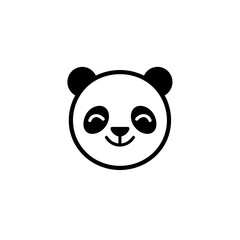 A minimalist illustration of a smiley panda, outlined in elegant black lines, positioned centrally on a white background. Created Using: fine line ink, simplicity for logo use, high contrast, clear si