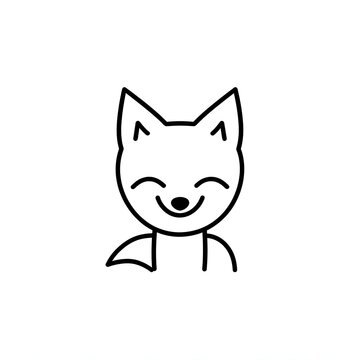 A minimalist illustration of a smiley fox, outlined in elegant black lines, positioned centrally on a white background. Created Using: fine line ink, simplicity for logo use, high contrast, clear silh