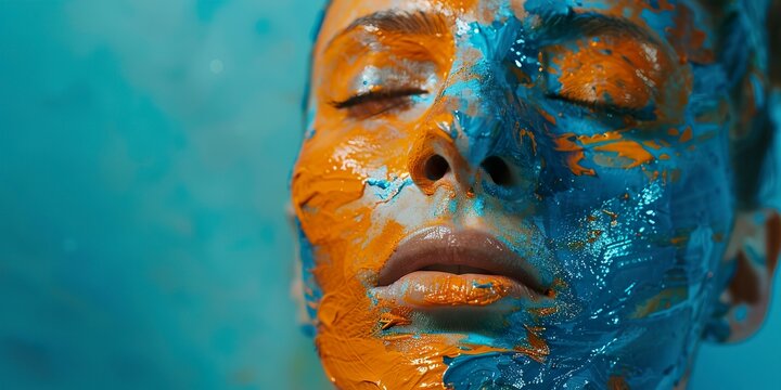Close-up of woman's face painted orange and blue in studio photography. A woman's face painted in a unique visual spectacle and colors full of magic and vivacity.