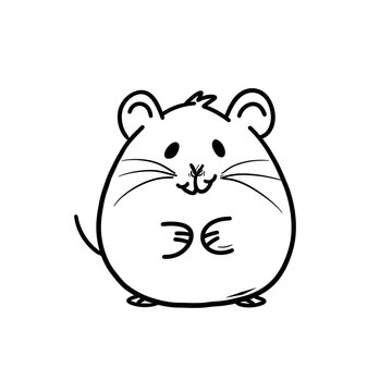 A minimalist illustration of a smiley hamster, outlined in elegant black lines, positioned centrally on a white background. Created Using: fine line ink, simplicity for logo use, high contrast, clear 