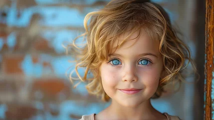 Fotobehang A happy little girl with blonde hair and blue eyes is smiling for the camera © Наталья Игнатенко