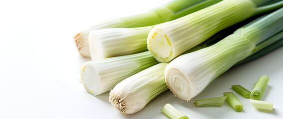  Close-up fresh Garleek on white isolated background. Hybrid garlic and spring onions, concept of breeding new types of vegetables through selective breeding. - Powered by Adobe