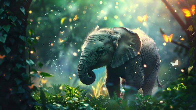 Naklejki adorable cute baby elephant in a magical forest