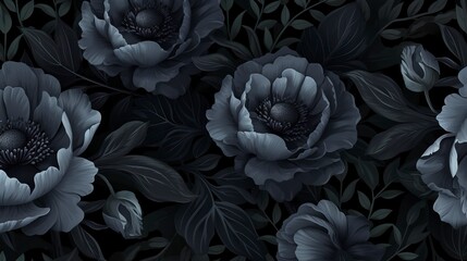 Obraz premium Dark seamless pattern with black flowers and leaves. Peonies, wildflowers, poppies
