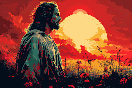 Jesus Christ in Thoughtful Contemplation at Dawn's Radiant Glow