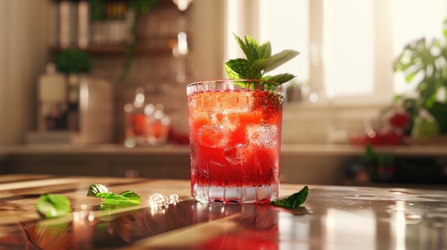 Chilled Red Fruit Cocktail on a Sunny Day, glistening red fruit cocktail adorned with fresh mint, standing on a reflective surface with a soft-focus background of a warm, sunlit kitchen