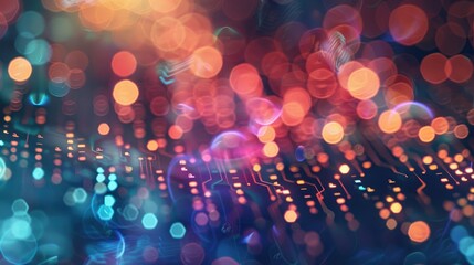 Digital Bokeh Dreamscape, Blurred bokeh effect with binary code and computer circuitry for technology background design