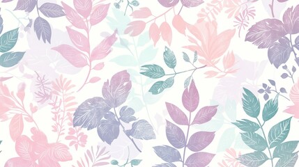 Delicate pastel silhouette of leaves and flowers seamless pattern