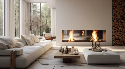 A chic living room with an augmented reality fireplace, a large grey sofa, and a white ottoman