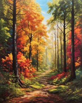 Colorful autumn forest painting with green orange red and yellow leaves