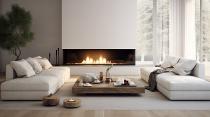 A chic living room with an augmented reality fireplace, a large grey sofa, and a white ottoman