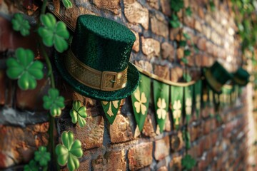 A close-up of a decorative St. Patrick's Day banner with shamrocks and leprechaun hats hanging on a...