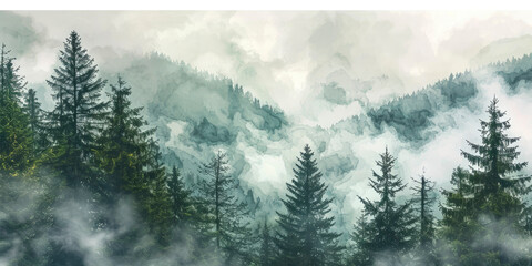 spruce forest foggy fir forest watercolor landscape - obrazy, fototapety, plakaty