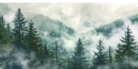 Fotobehang spruce forest foggy fir forest watercolor landscape © ТаtyanaGG