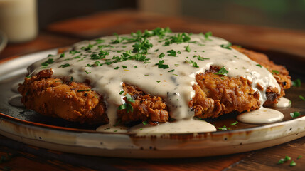 Southern style chicken fried steak with cream gravy