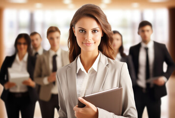 Professional young woman in a taupe blazer and white shirt holding a folder with confidence. Behind her, a team of diverse business professionals