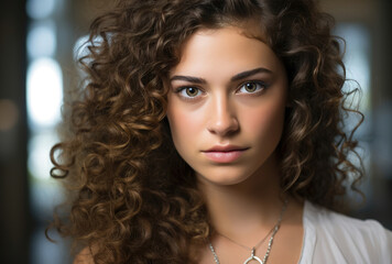 Young woman with voluminous curls and serene expression.