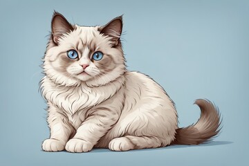 contour drawing small fat cartoon Ragdoll kitten isolated on an light blue background