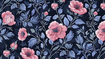 Floral blooming romantic feminine seamless pattern with imitation of satin stitch embroidery