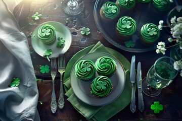 An overhead shot of a table set with green cupcakes adorned with three-leaf clover-shaped icing. 