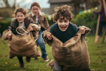 Children playing traditional Irish games like potato sack race and ring toss at a community event. - Powered by Adobe