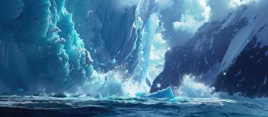 A large iceberg sits in the middle of a body of water, having broken off from a glacier and floating solo. The icy mass stands tall against the surrounding water, showcasing the power and beauty of - Powered by Adobe