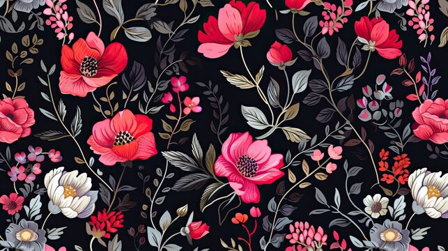 Floral blooming romantic feminine seamless pattern with imitation of satin stitch embroidery