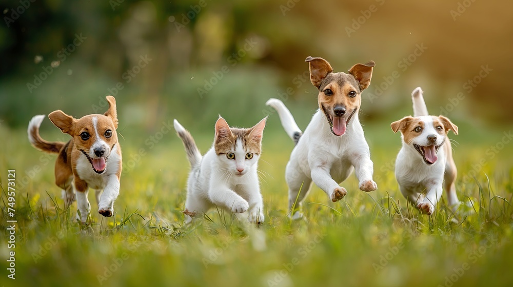 Sticker Cute funny dog and cat group jumps and running and happily a field blurred background