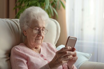Grandma holding the smartphone in browsing wireless Internet, looking at screen, chatting in social network or shopping online, relax at home