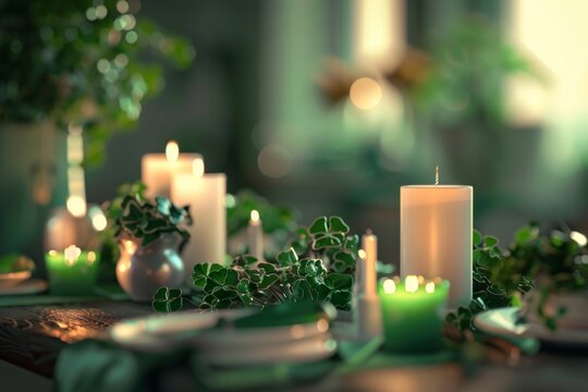 Table set with green decorations and candles for a St. Patrick's Day celebration.
