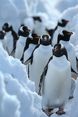 A group of cute penguins walks along the snowy Antarctic hills, showcasing wild beauty.