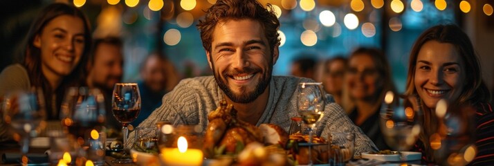 A cheerful group of friends celebrates in a restaurant, enjoying a meal and laughter together.