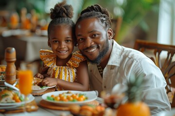 An affectionate black father and adorable daughter enjoy a snack together, bonding in the kitchen with fruits and juice.