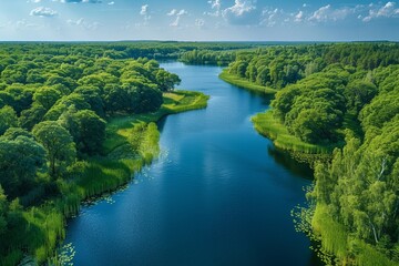 Fototapeta premium A lush summer landscape with a meandering river, green woods, and a scenic aerial view.