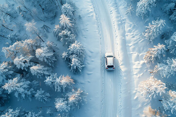 A winter road through a snowy forest, captured from an aerial perspective.