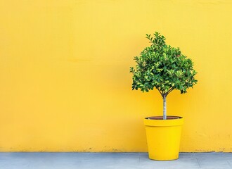 A potted tree against a yellow wall. copy space.