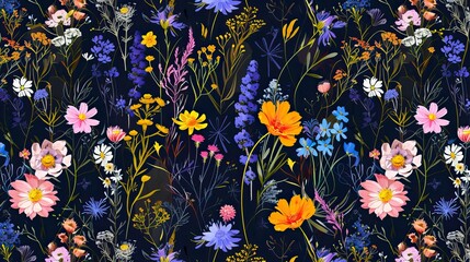 Night feminine seamless pattern with hand drawn paint wildflowers on dark background 