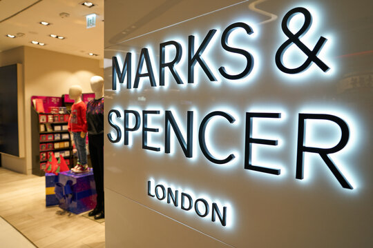 HONG KONG, CHINA - DECEMBER 04, 2023: close up shot of Marks and Spencer sign as seen in New Town Plaza shopping mall.