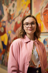Young woman in pink jacket and glasses, standing confidently against a vibrant, colorful art backdrop.