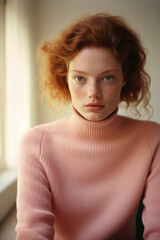 Young woman with striking red curly hair and sea-green eyes, standing near a window. She's clad in a soft pink turtleneck, her freckles enhancing her natural beauty.