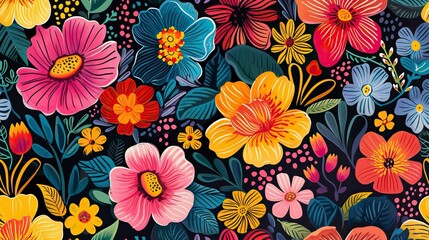 Fototapeta na wymiar Seamless pattern with bright flowers drawn by paint