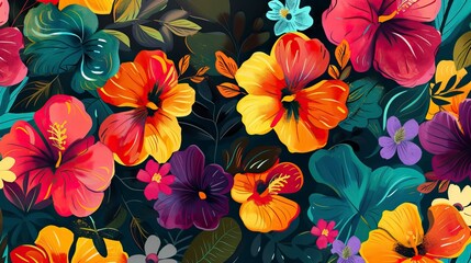 Seamless pattern with bright flowers drawn by paint