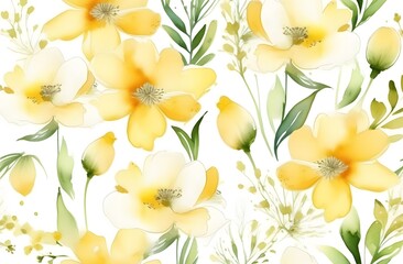 Fototapeta premium This illustration displays a vibrant floral background with yellow and white flowers accompanied by soft green leaves, creating an inviting and fresh atmosphere.