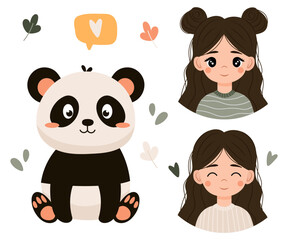 Panda and girl character with decorative elements on a white background. Set of vector illustrations in flat style. Portrait, avatar.