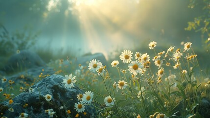 Fototapeta na wymiar Field of daisies in the sunlit forest, showcasing natures beauty