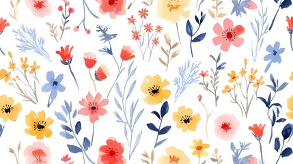 Simple seamless pattern of hand drawn gouache flowers