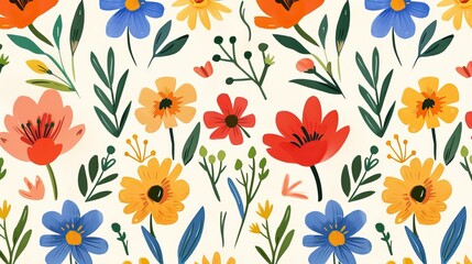 Simple seamless pattern of hand drawn gouache flowers