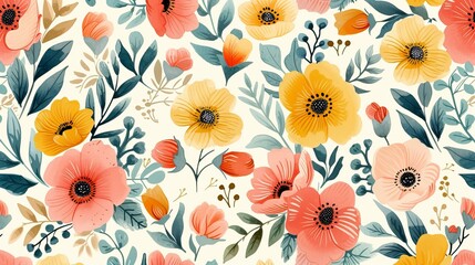 Simple seamless pattern of hand drawn gouache flowers
