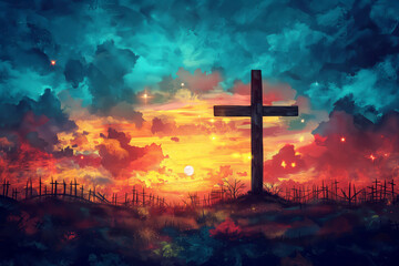 Majestic Sunset behind a Solitary Cross in a Cosmic Landscape
